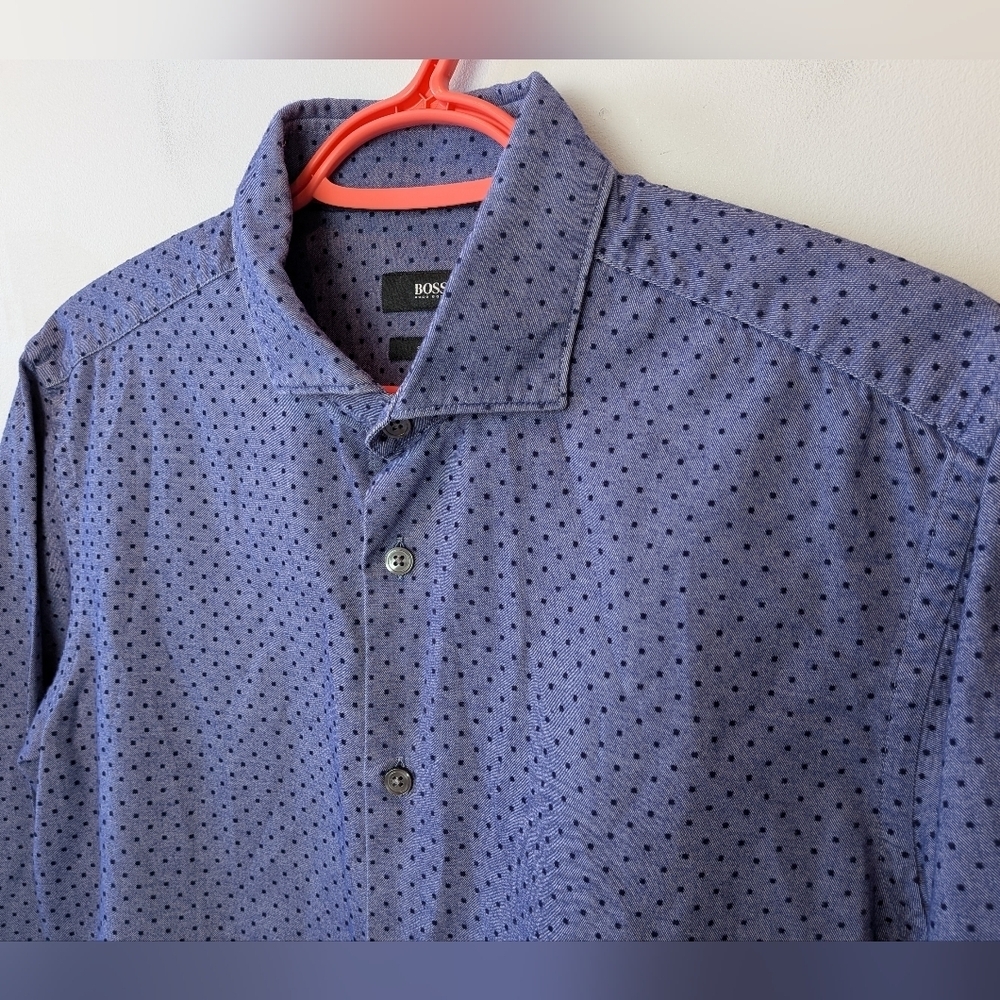 HUGO BOSS Men Casual Button Down Shirt Long Sleeve Polka Dot Size M Slim Fit